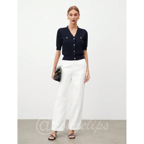 Navy Blue V-neck Knit Short Sleeve Cardigan Shirt Button Up - Picture 3 of 8